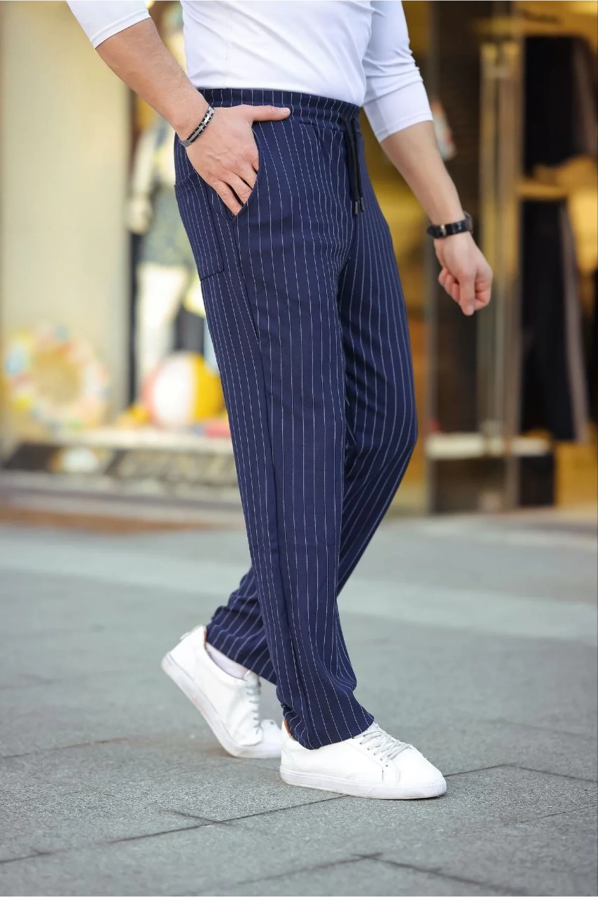 Erkek Cizgili Dokuma Krep Jogger Buggy Pantalon Rahat kalıp