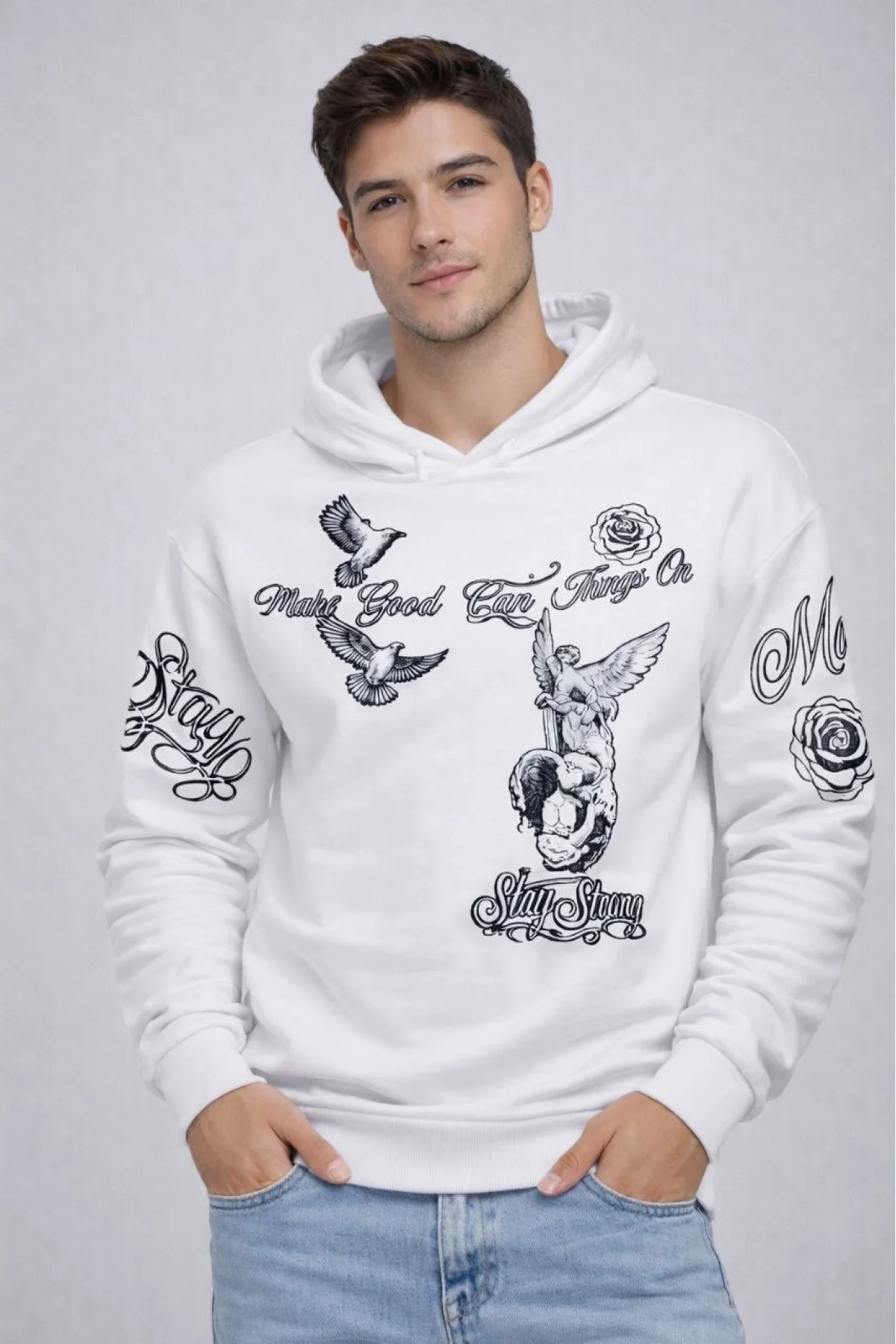 Erkek 3 İplik Pamuklu Kapüşonlu Baskılı SweatShirt